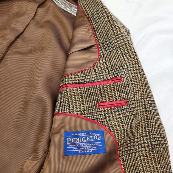 Pendleton Blazer Jacket Mens 42R Brown Plaid Wool Two Button Lined Suit Jacket - Picture 12 of 16